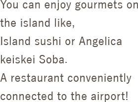 You can enjoy gourmets on the island like,
Island sushi or Angelica keiskei Soba. 
A restaurant conveniently connected to the airport! 